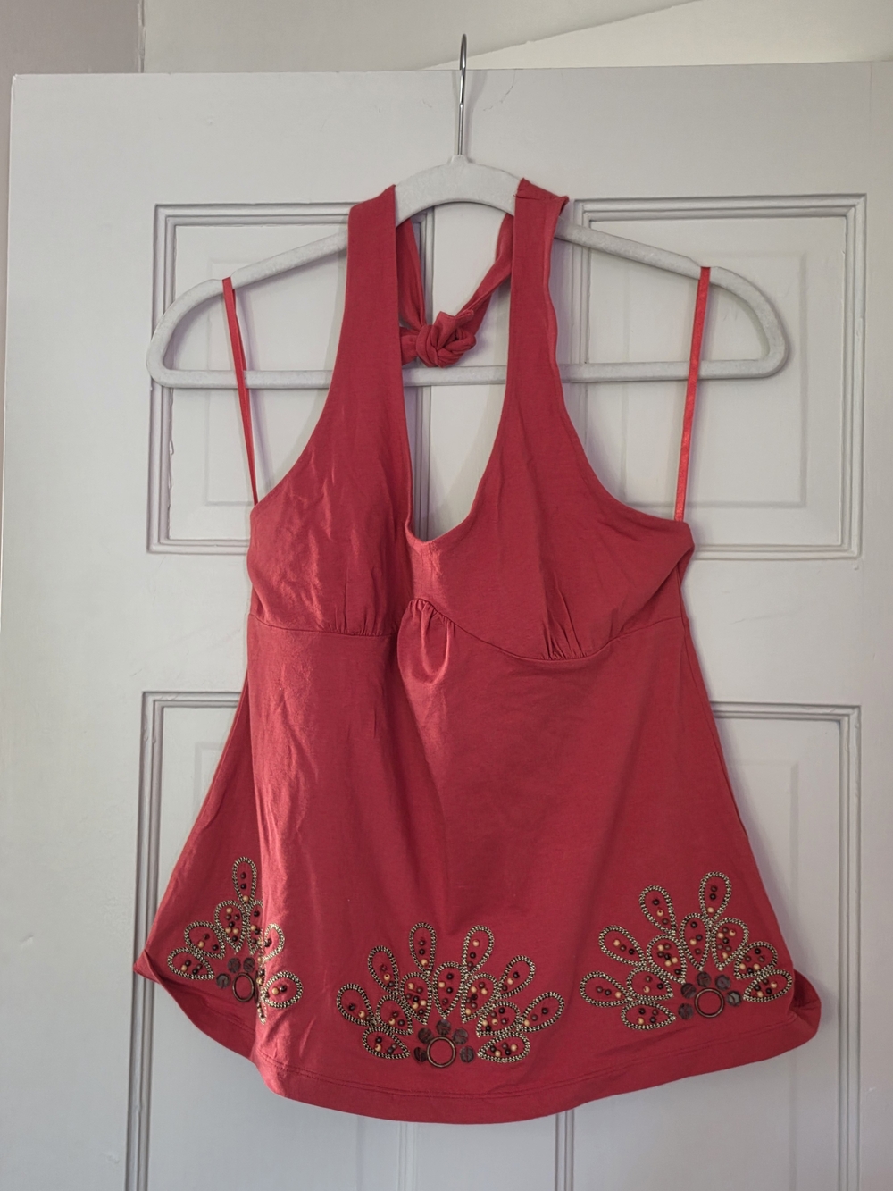 Loft Women’s Red Sleeveless Halter Tank Top with Embellished Hem